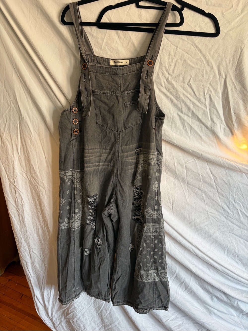 Three Bird Nest Gray Distressed Bandana-Print Overalls Jumpsuit